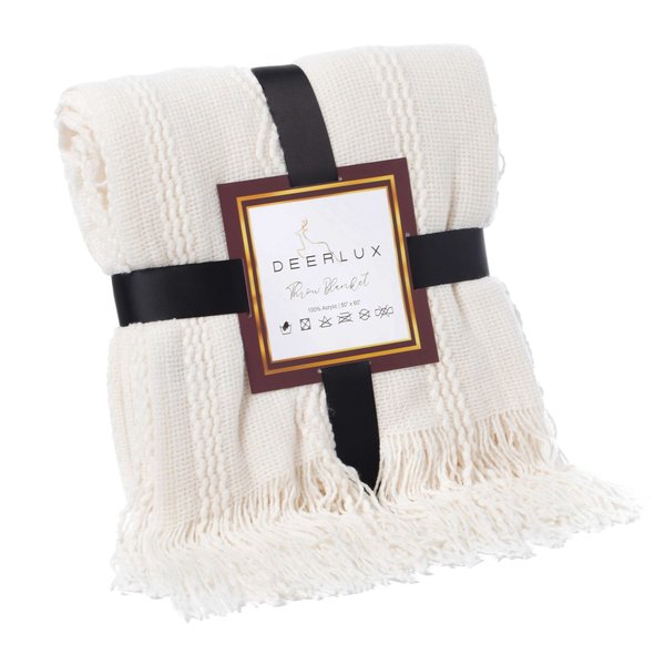 Deerlux Decorative Zigzag Stripe Pattern Knit Throw Blanket with Fringe, Cream QI003967.CM